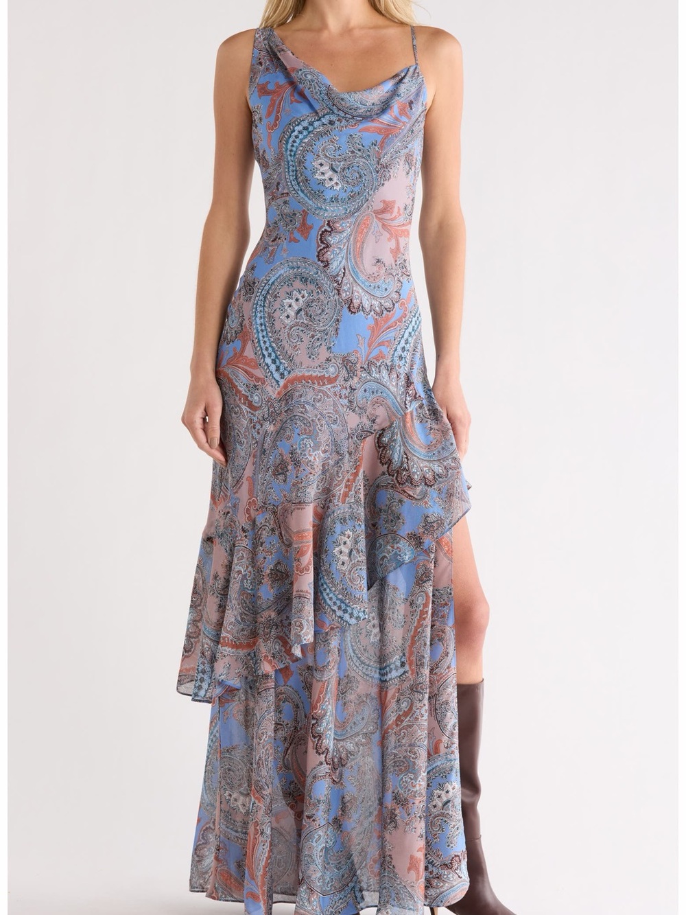 L'AGENCE Paisley Cowl-Neck Maxi Dress in Blue and Pink